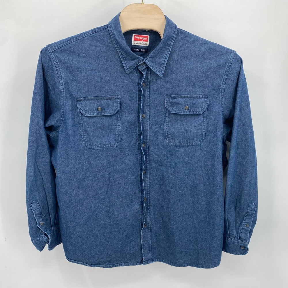 Wrangler Men's Size Tall 3XL Shirt Premium Denim Long Sleeve Comfort Flex Blue - Picture 1 of 9